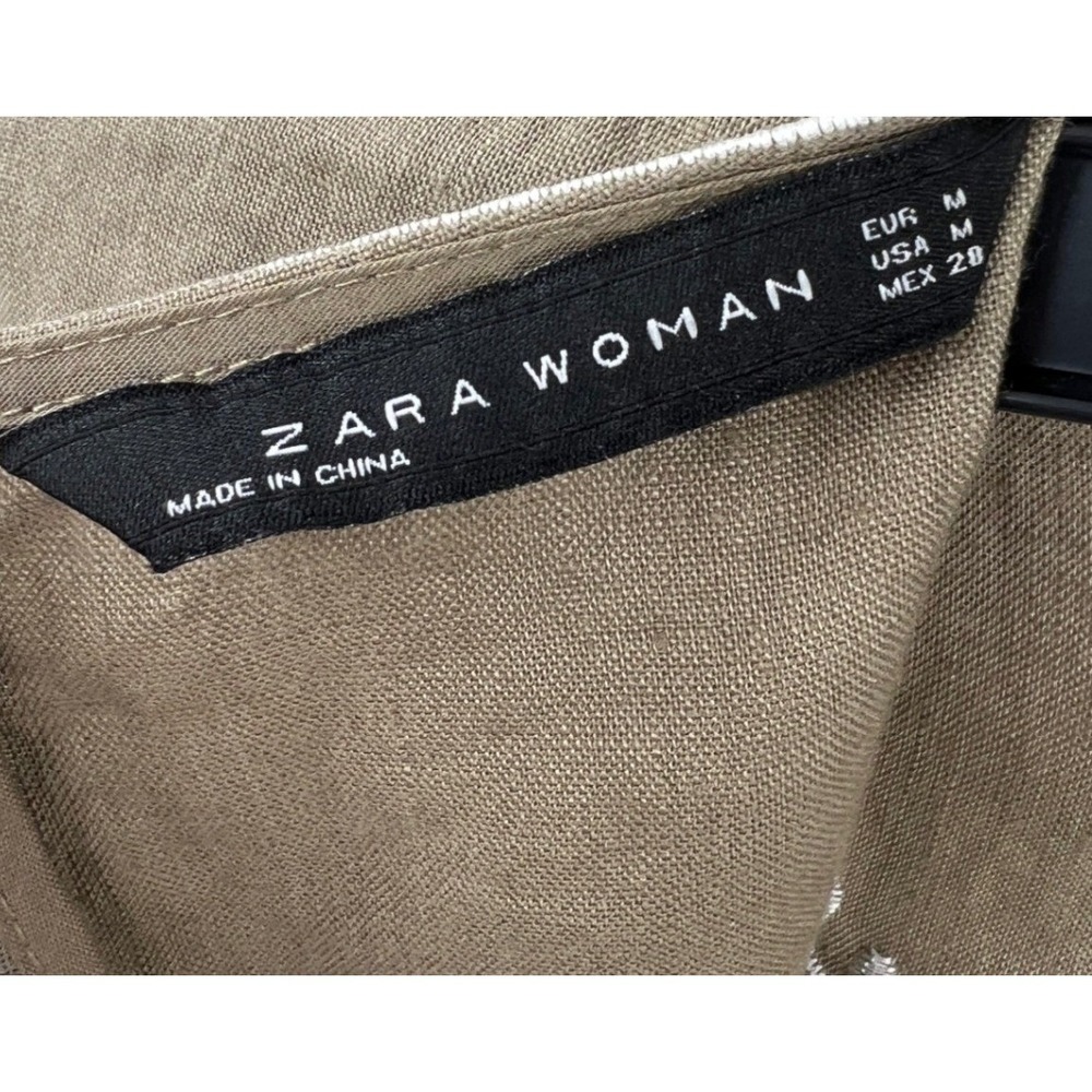 Zara Woman Linen Embroidered Mini Dress Womens M Olive‎ Green Floral Scalloped - Picture 4 of 9